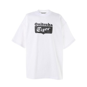 White / Black Men's Onitsuka Tiger Oversize Logo T Shirts Online India | K9J-5817